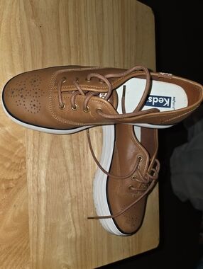 Keds Women’s Tan Leather-Style Boat Sneakers with White Sole